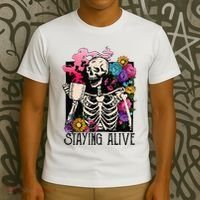 Retro Groovy Skeleton Staying Alive Coffee Halloween Hippie T-Shirt thumb 3