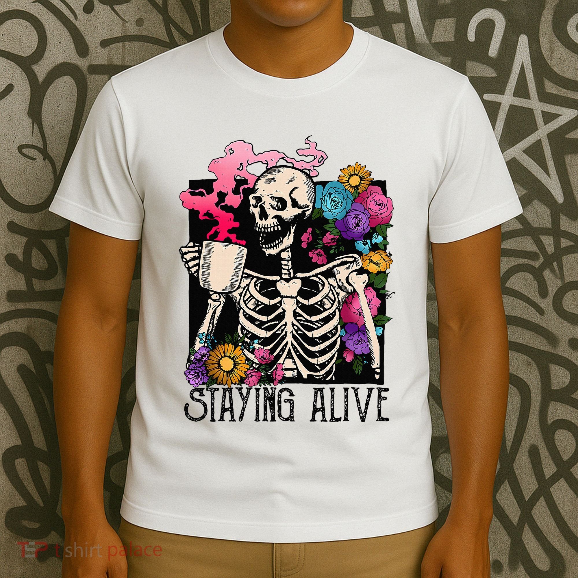 Retro Groovy Skeleton Staying Alive Coffee Halloween Hippie T-Shirt