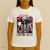 Retro Groovy Skeleton Staying Alive Coffee Halloween Hippie T-Shirt thumb 4