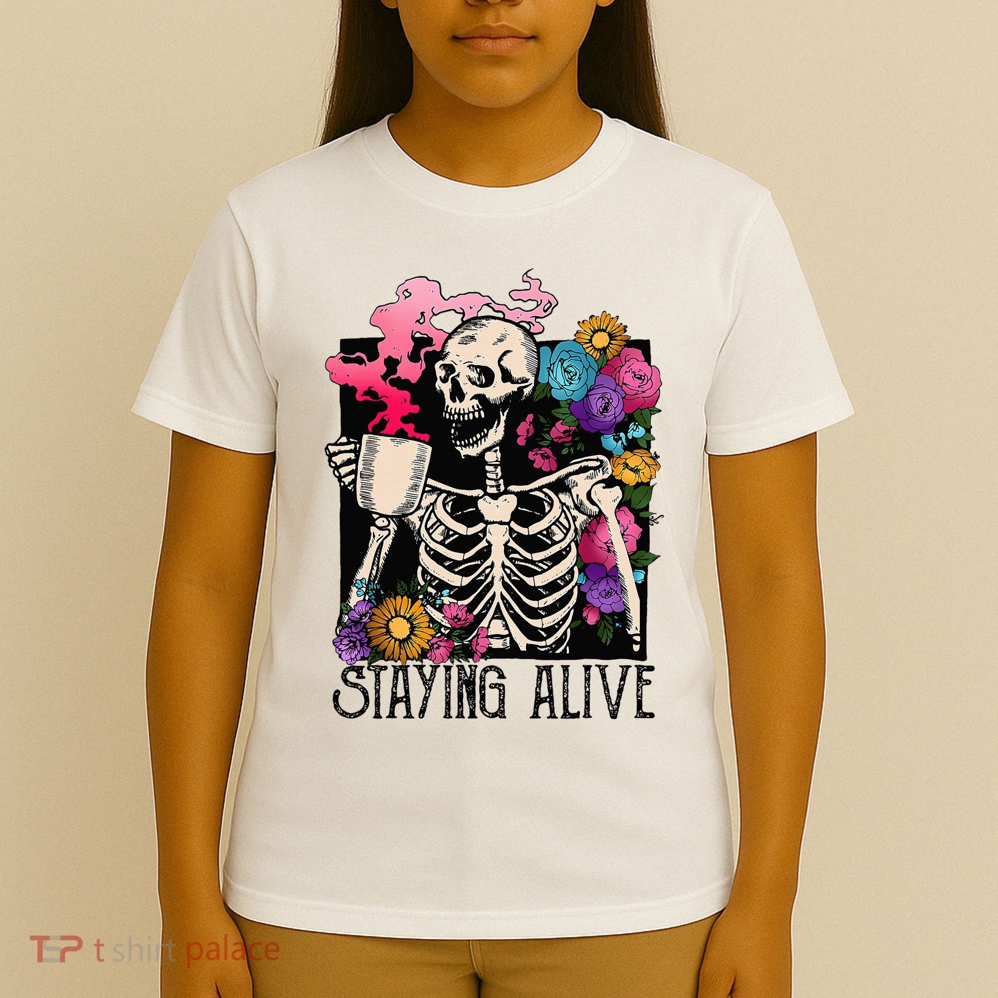 Retro Groovy Skeleton Staying Alive Coffee Halloween Hippie T-Shirt