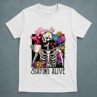 Retro Groovy Skeleton Staying Alive Coffee Halloween Hippie T-Shirt thumb 5