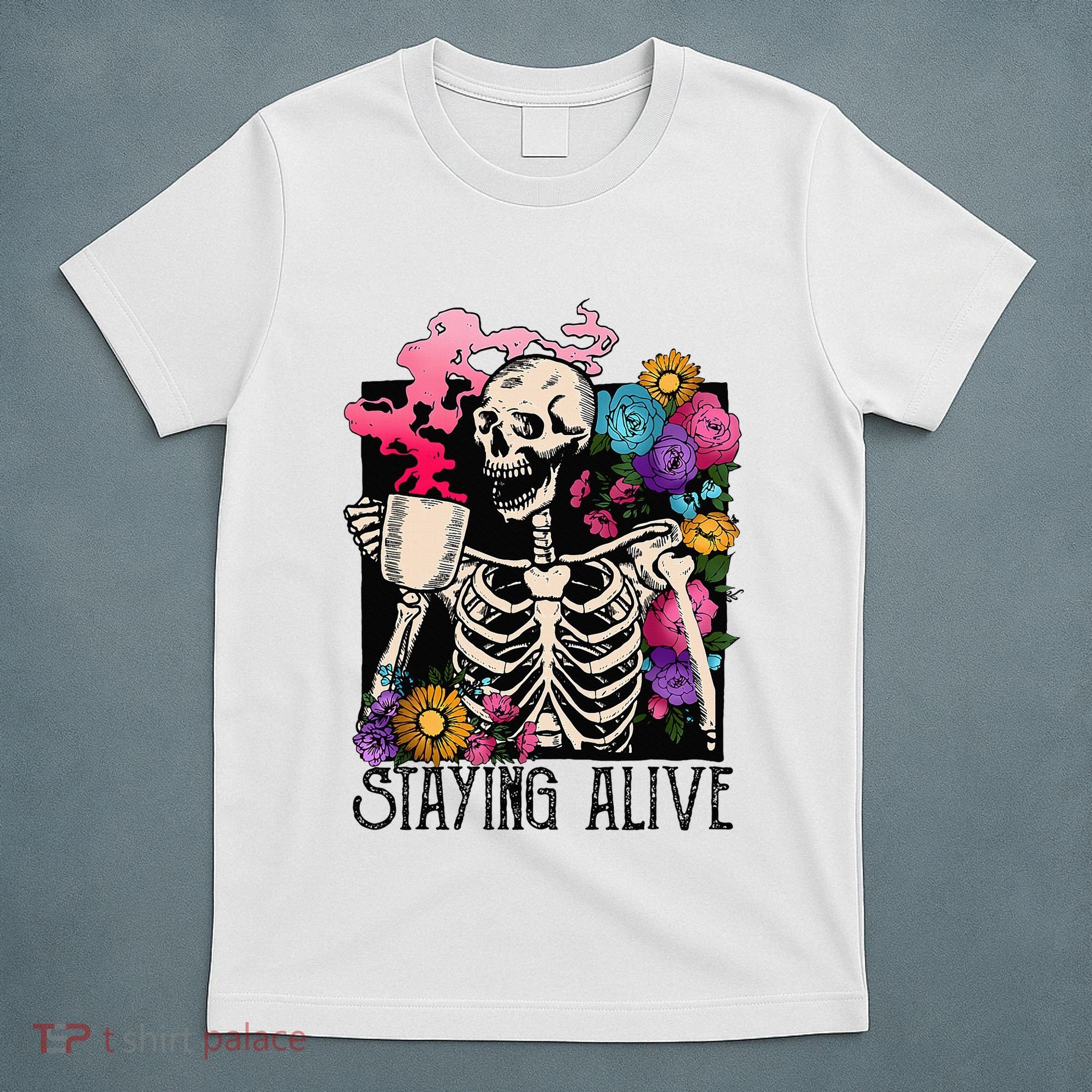 Retro Groovy Skeleton Staying Alive Coffee Halloween Hippie T-Shirt