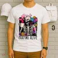 Retro Groovy Skeleton Staying Alive Coffee Halloween Hippie T-Shirt thumb 6