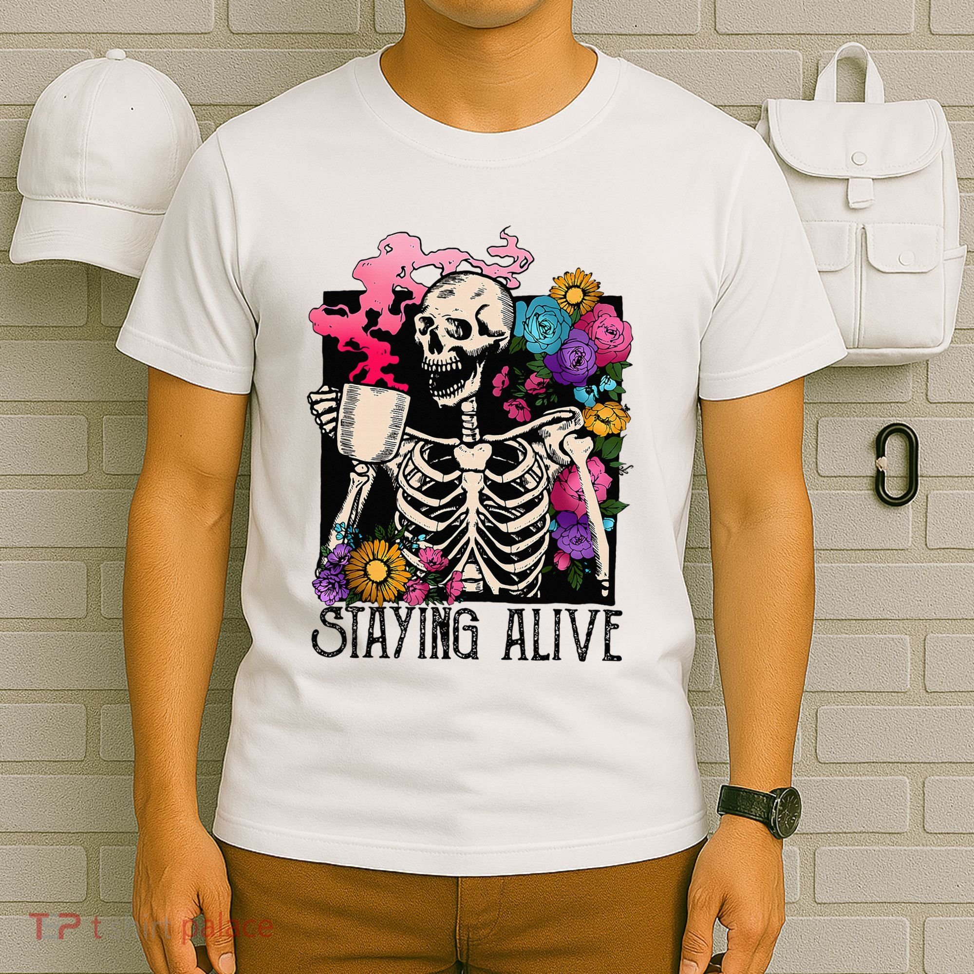 Retro Groovy Skeleton Staying Alive Coffee Halloween Hippie T-Shirt