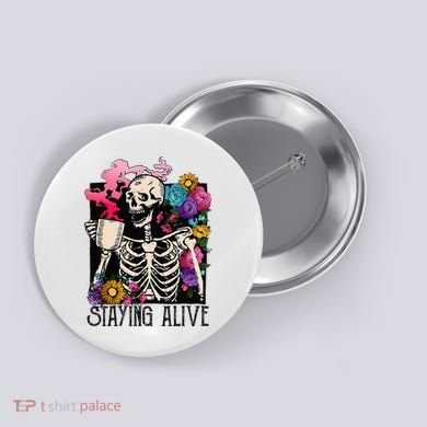 Retro Groovy Skeleton Staying Alive Coffee Halloween Hippie Button