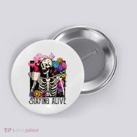 Retro Groovy Skeleton Staying Alive Coffee Halloween Hippie Button thumb 0