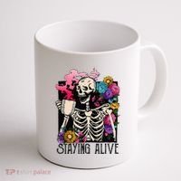 Retro Groovy Skeleton Staying Alive Coffee Halloween Hippie Coffee Mug thumb 1