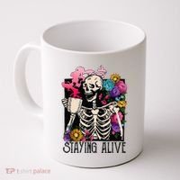 Retro Groovy Skeleton Staying Alive Coffee Halloween Hippie Coffee Mug thumb 0