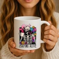 Retro Groovy Skeleton Staying Alive Coffee Halloween Hippie Coffee Mug thumb 3