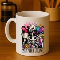 Retro Groovy Skeleton Staying Alive Coffee Halloween Hippie Coffee Mug thumb 4