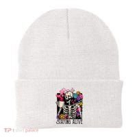 Retro Groovy Skeleton Staying Alive Coffee Halloween Hippie Beanie thumb 0