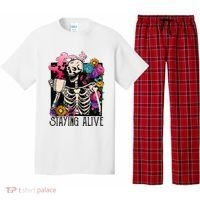 Retro Groovy Skeleton Staying Alive Coffee Halloween Hippie Pajama Set thumb 0