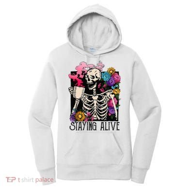 Retro Groovy Skeleton Staying Alive Coffee Halloween Hippie Women's Hoodie