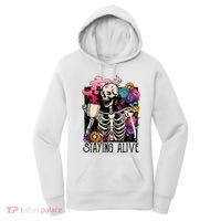 Retro Groovy Skeleton Staying Alive Coffee Halloween Hippie Women's Hoodie thumb 0
