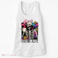 Retro Groovy Skeleton Staying Alive Coffee Halloween Hippie Women's Tank Top thumb 0