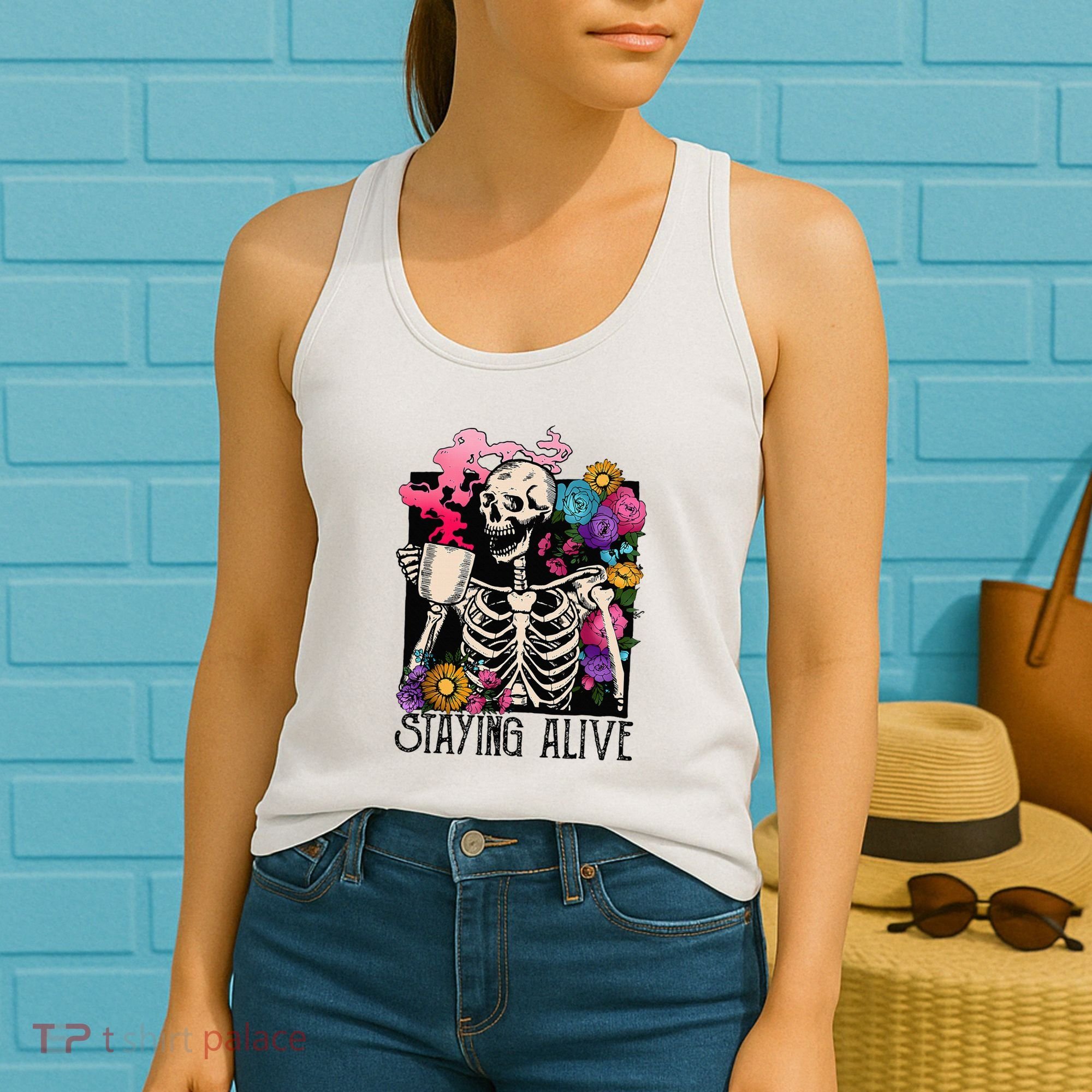 Retro Groovy Skeleton Staying Alive Coffee Halloween Hippie Women's Tank Top