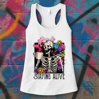 Retro Groovy Skeleton Staying Alive Coffee Halloween Hippie Women's Tank Top thumb 3