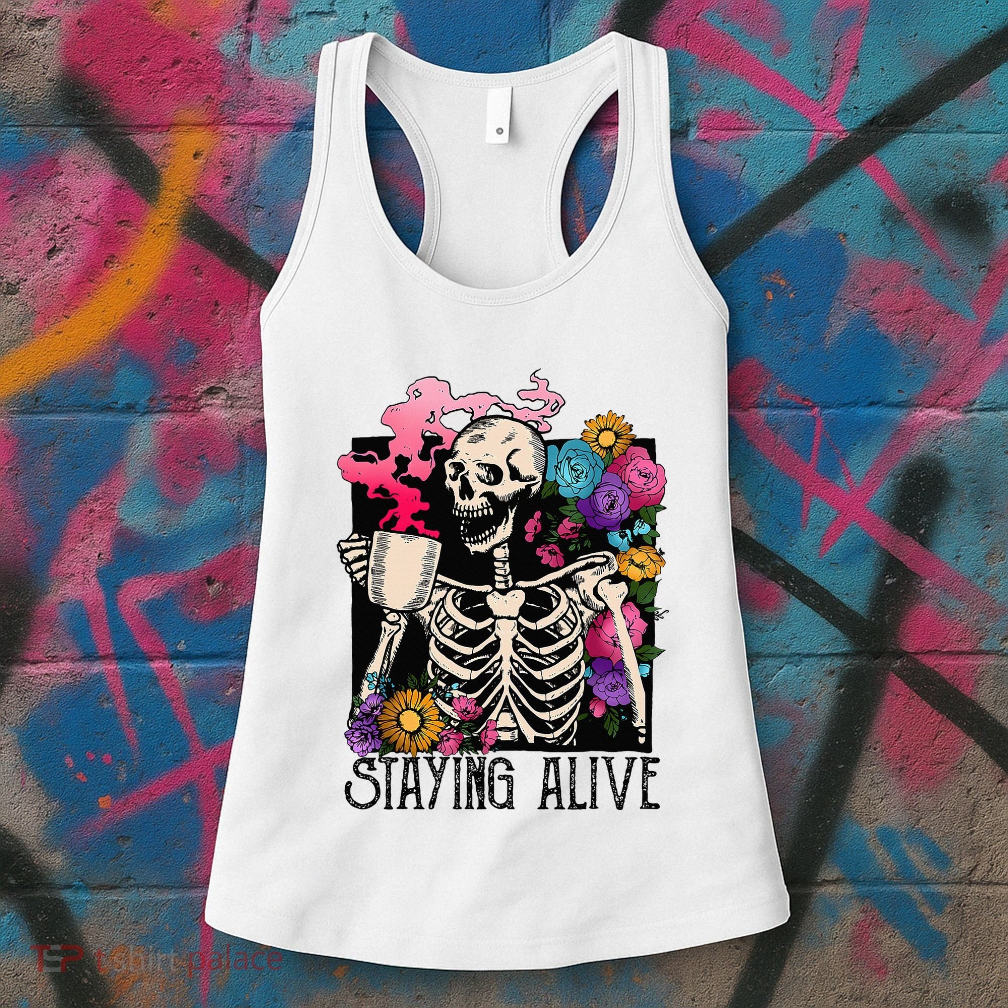 Retro Groovy Skeleton Staying Alive Coffee Halloween Hippie Women's Tank Top