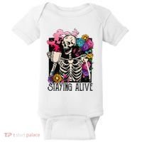 Retro Groovy Skeleton Staying Alive Coffee Halloween Hippie Baby Bodysuit thumb 0