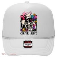 Retro Groovy Skeleton Staying Alive Coffee Halloween Hippie Hat thumb 0
