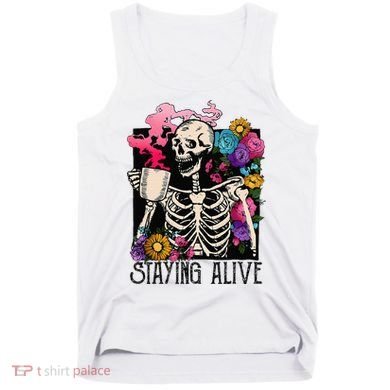 Retro Groovy Skeleton Staying Alive Coffee Halloween Hippie Tank Top