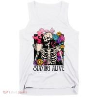 Retro Groovy Skeleton Staying Alive Coffee Halloween Hippie Tank Top thumb 0