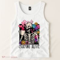 Retro Groovy Skeleton Staying Alive Coffee Halloween Hippie Tank Top thumb 2