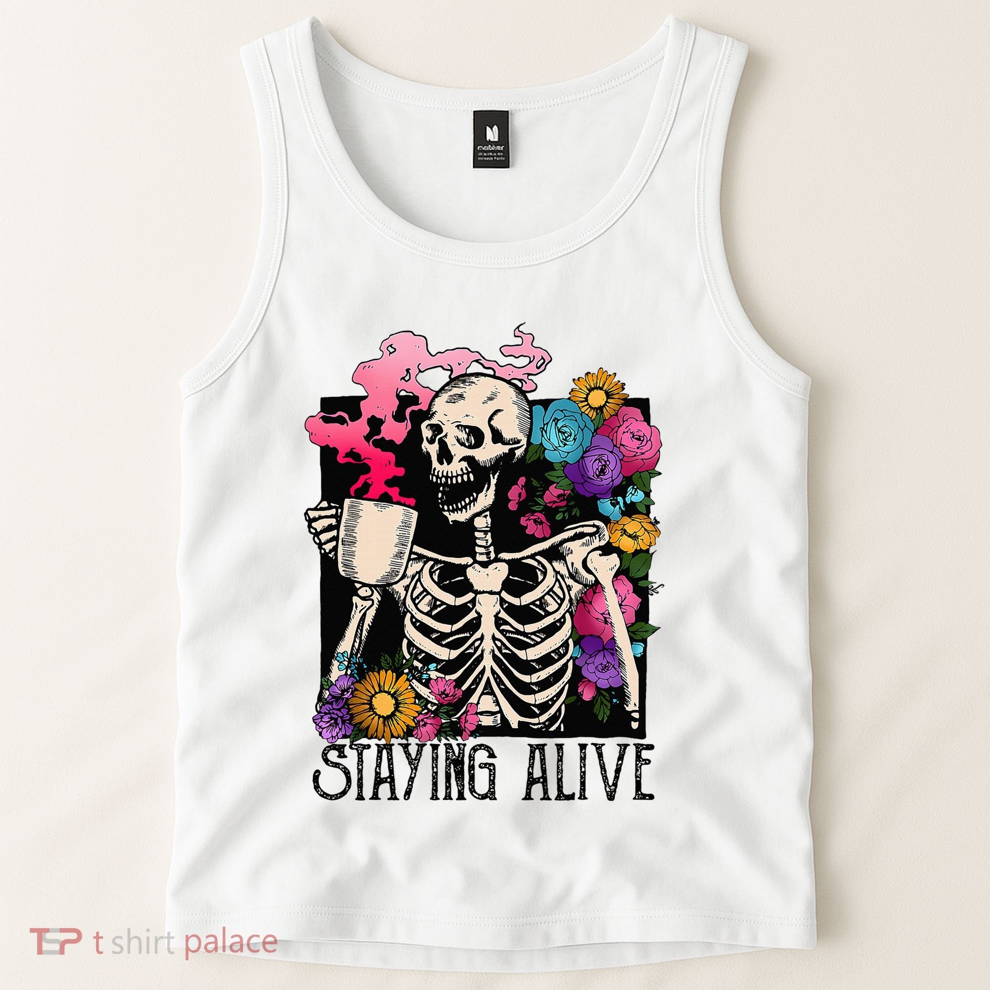 Retro Groovy Skeleton Staying Alive Coffee Halloween Hippie Tank Top