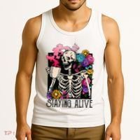 Retro Groovy Skeleton Staying Alive Coffee Halloween Hippie Tank Top thumb 3