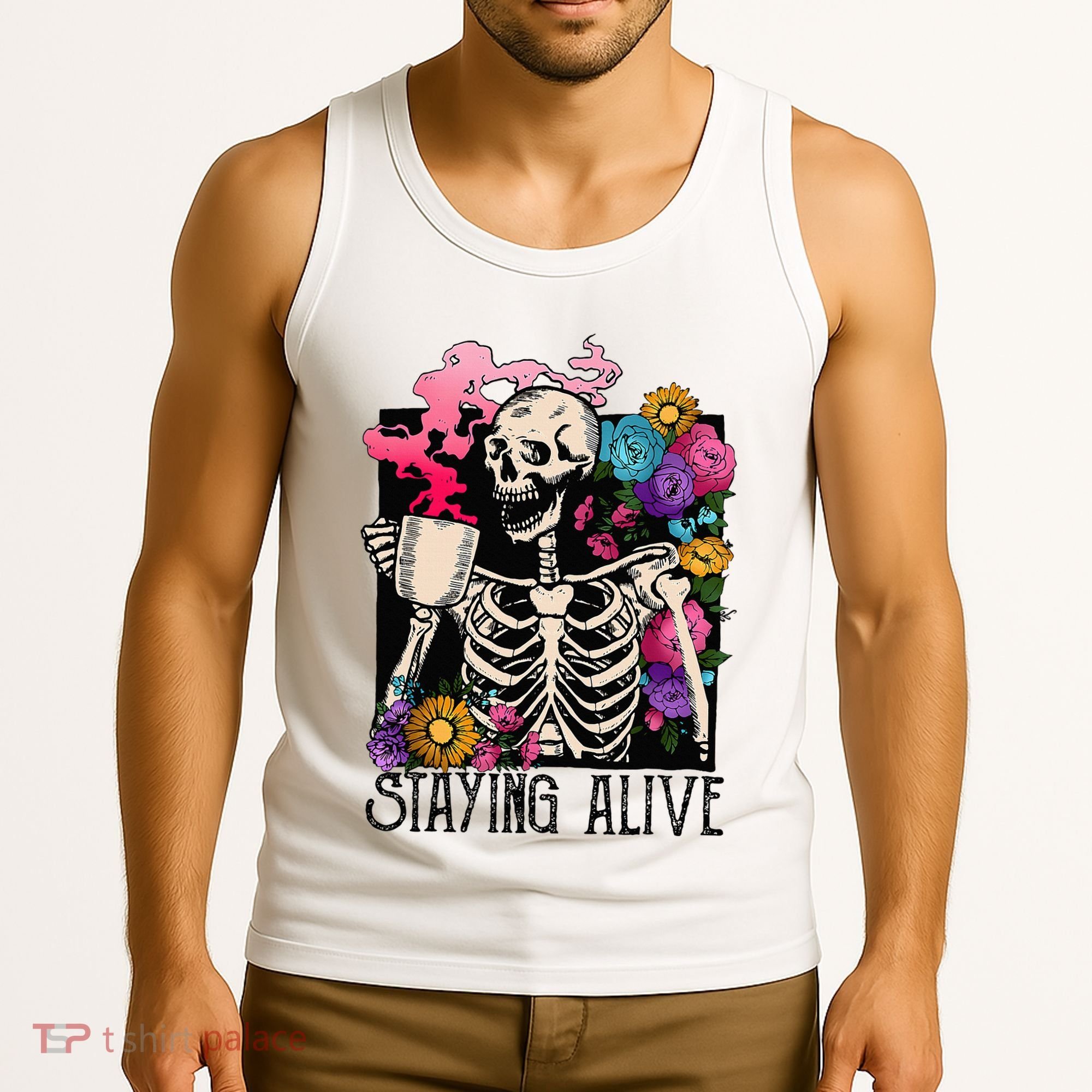 Retro Groovy Skeleton Staying Alive Coffee Halloween Hippie Tank Top