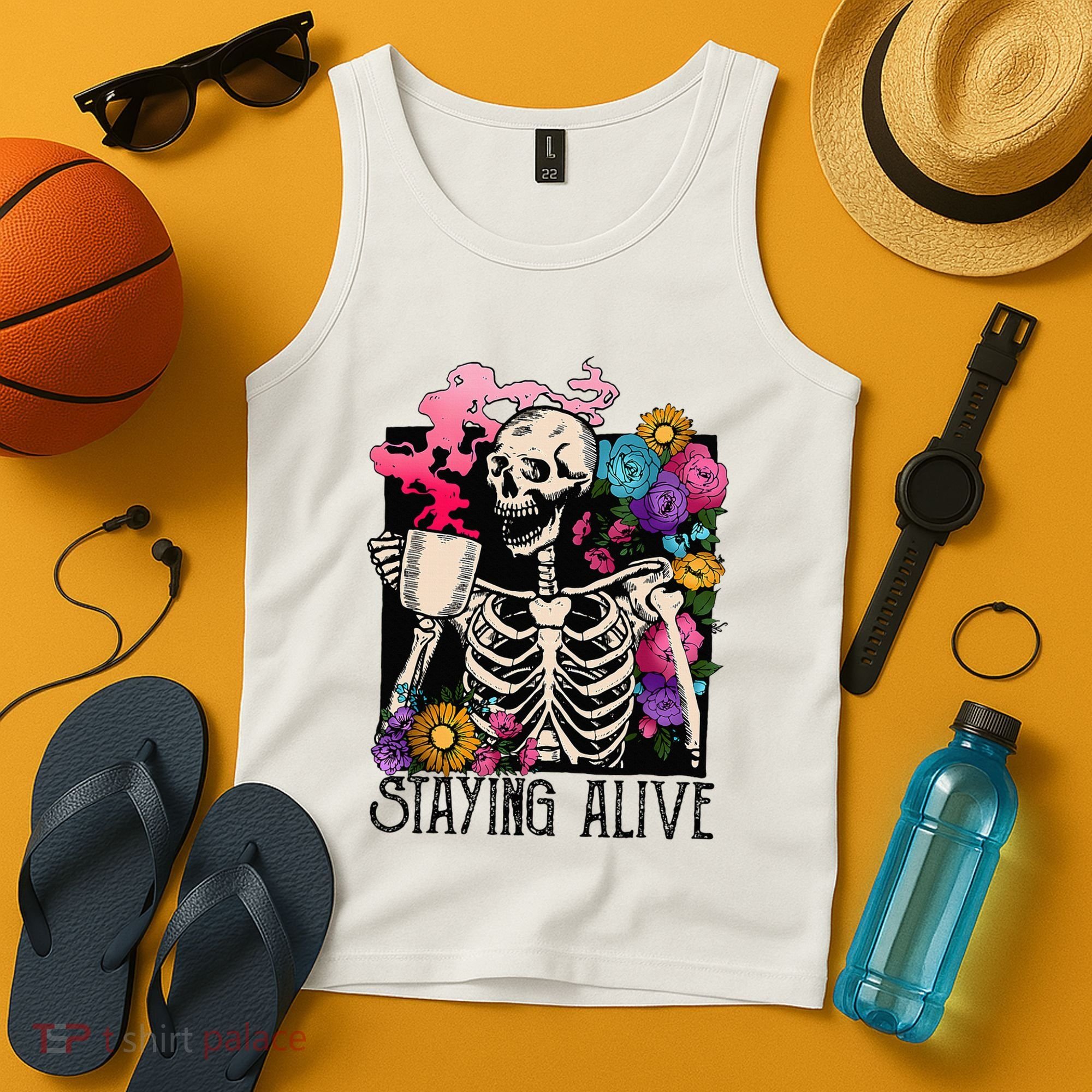 Retro Groovy Skeleton Staying Alive Coffee Halloween Hippie Tank Top