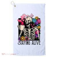 Retro Groovy Skeleton Staying Alive Coffee Halloween Hippie Golf Towel thumb 0