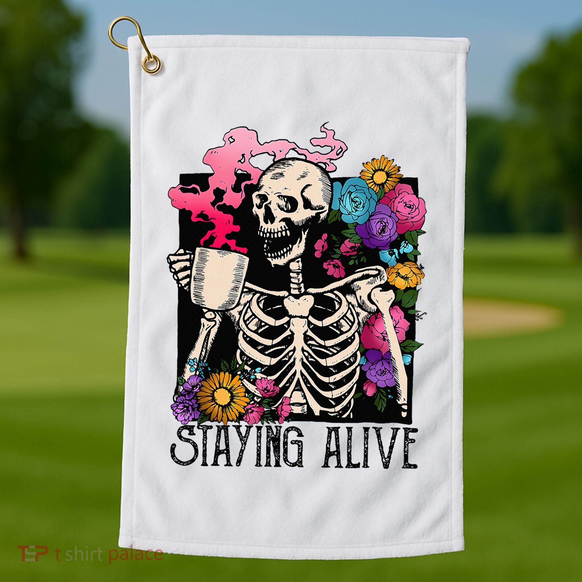 Retro Groovy Skeleton Staying Alive Coffee Halloween Hippie Golf Towel
