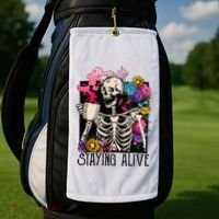Retro Groovy Skeleton Staying Alive Coffee Halloween Hippie Golf Towel thumb 2
