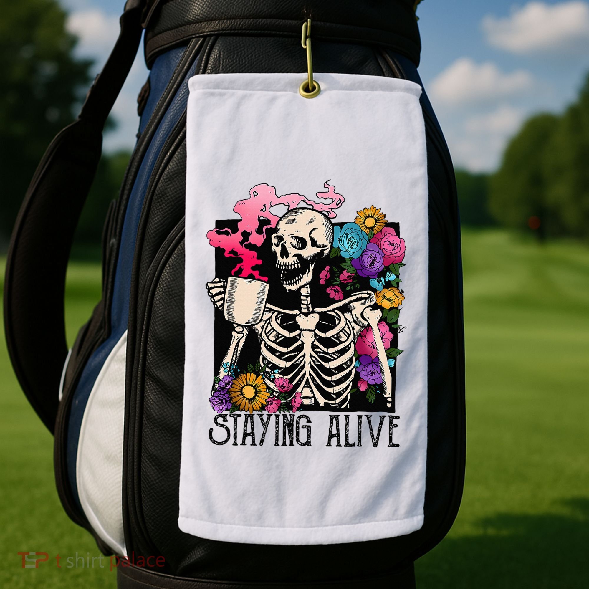 Retro Groovy Skeleton Staying Alive Coffee Halloween Hippie Golf Towel