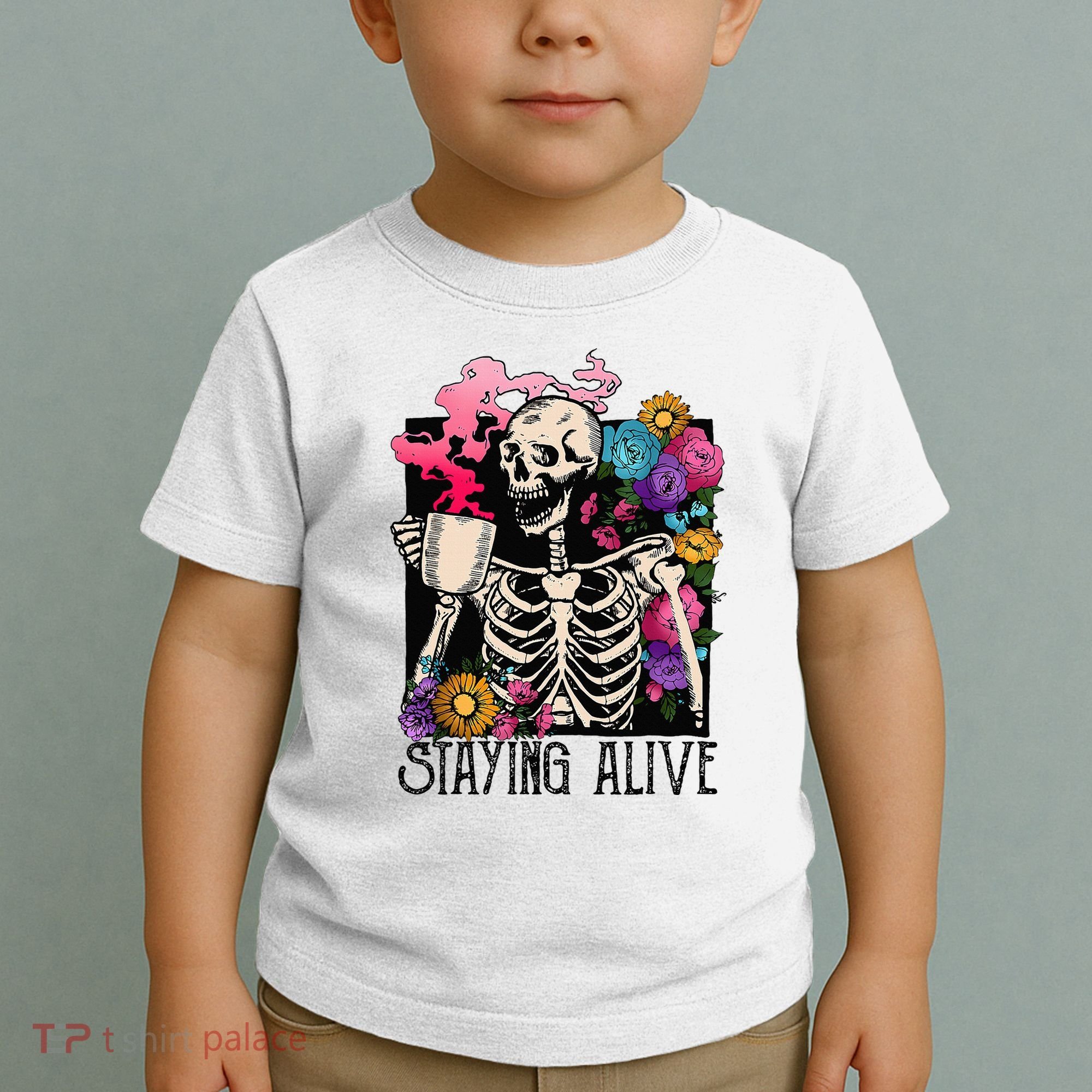 Retro Groovy Skeleton Staying Alive Coffee Halloween Hippie Toddler T-Shirt