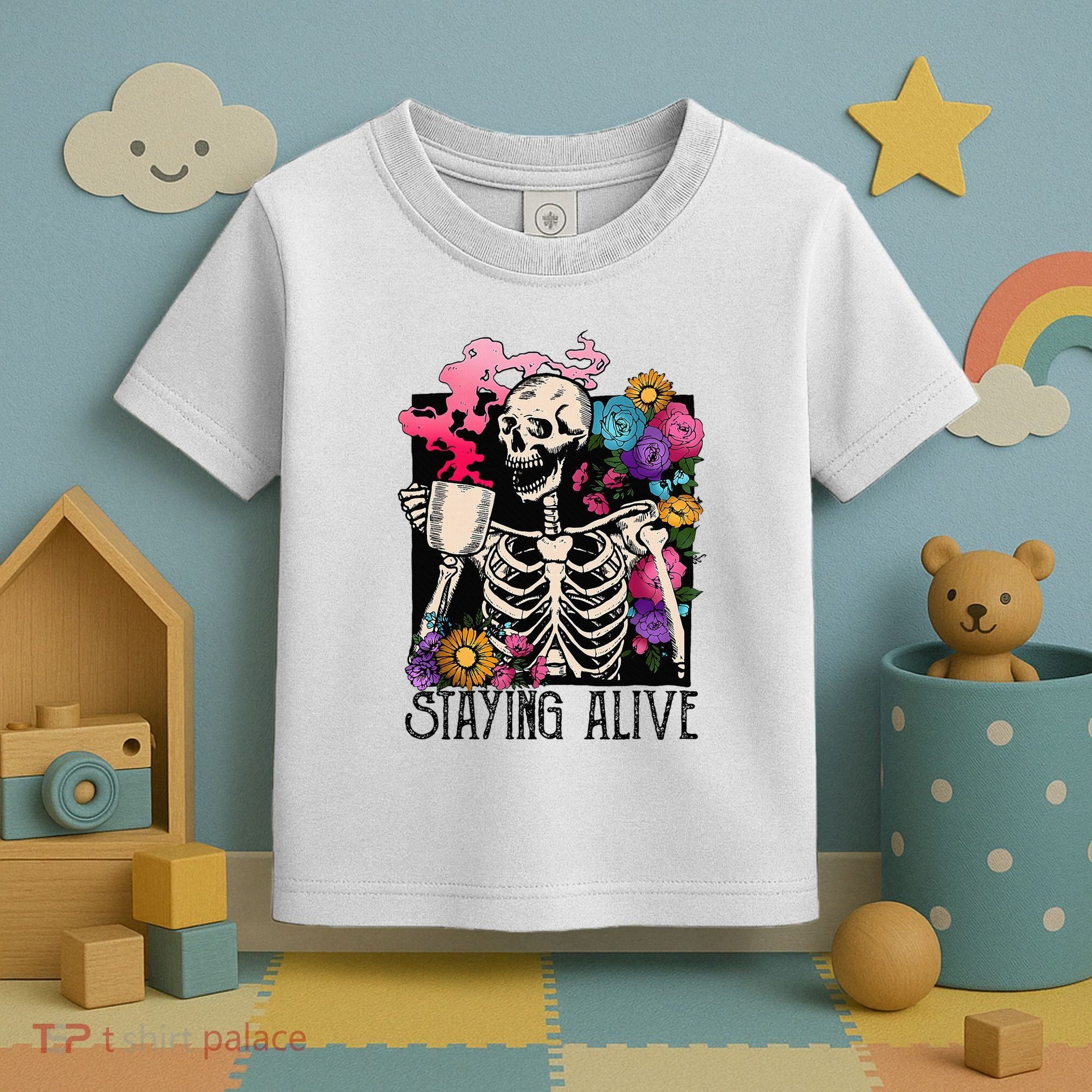 Retro Groovy Skeleton Staying Alive Coffee Halloween Hippie Toddler T-Shirt
