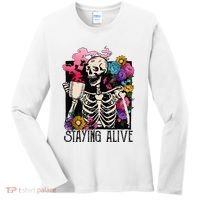 Retro Groovy Skeleton Staying Alive Coffee Halloween Hippie Women's Long Sleeve Shirt thumb 0