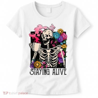 Retro Groovy Skeleton Staying Alive Coffee Halloween Hippie Women's T-Shirt