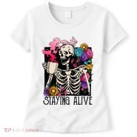 Retro Groovy Skeleton Staying Alive Coffee Halloween Hippie Women's T-Shirt thumb 0