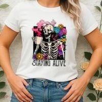 Retro Groovy Skeleton Staying Alive Coffee Halloween Hippie Women's T-Shirt thumb 2