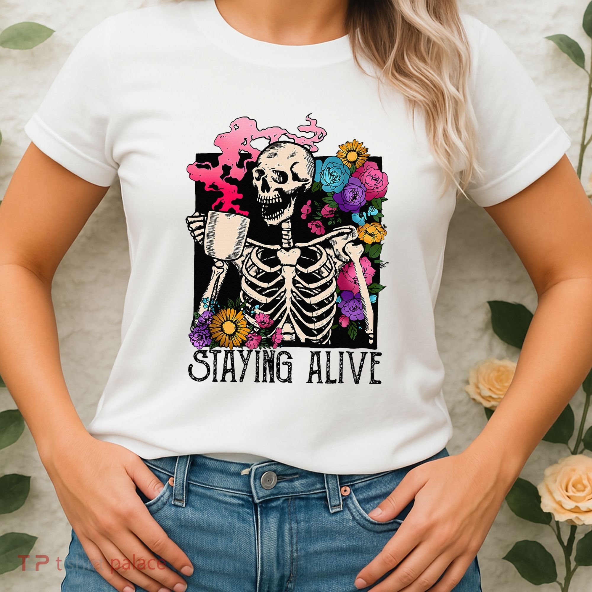 Retro Groovy Skeleton Staying Alive Coffee Halloween Hippie Women's T-Shirt