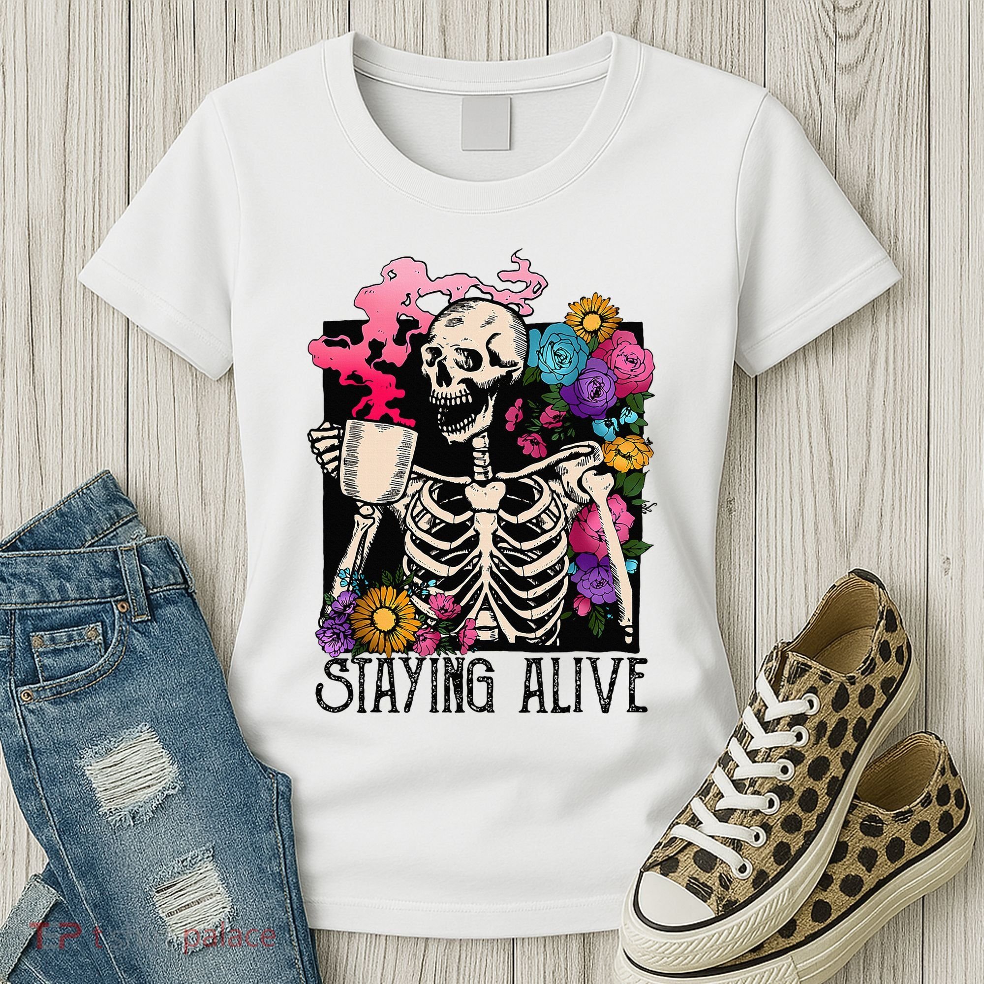 Retro Groovy Skeleton Staying Alive Coffee Halloween Hippie Women's T-Shirt