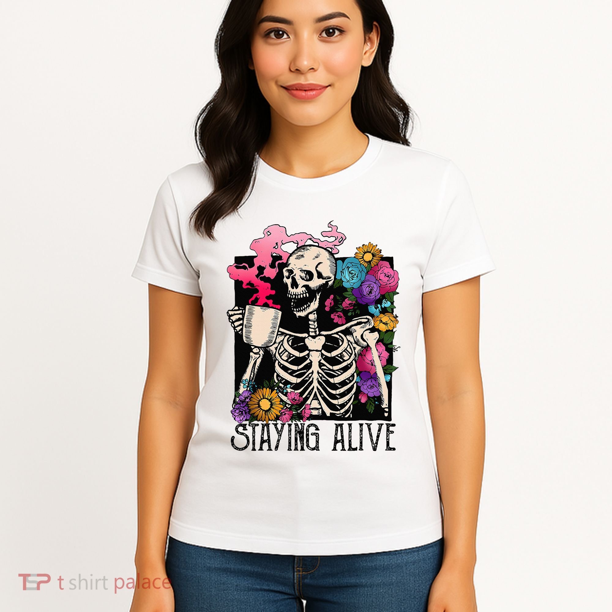 Retro Groovy Skeleton Staying Alive Coffee Halloween Hippie Women's T-Shirt