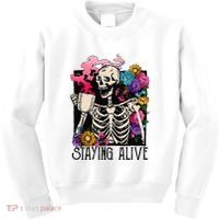 Retro Groovy Skeleton Staying Alive Coffee Halloween Hippie Kids Sweatshirt thumb 0