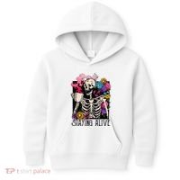 Retro Groovy Skeleton Staying Alive Coffee Halloween Hippie Kids Hoodie thumb 0