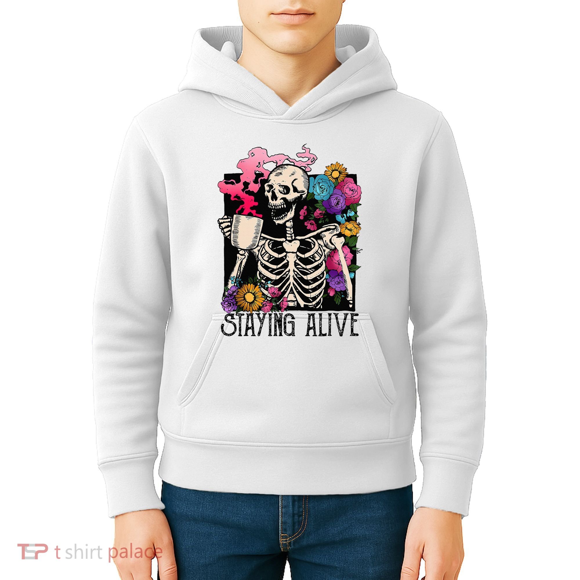 Retro Groovy Skeleton Staying Alive Coffee Halloween Hippie Kids Hoodie