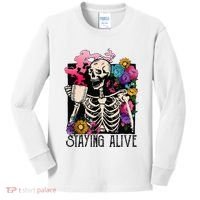 Retro Groovy Skeleton Staying Alive Coffee Halloween Hippie Kids Long Sleeve Shirt thumb 0