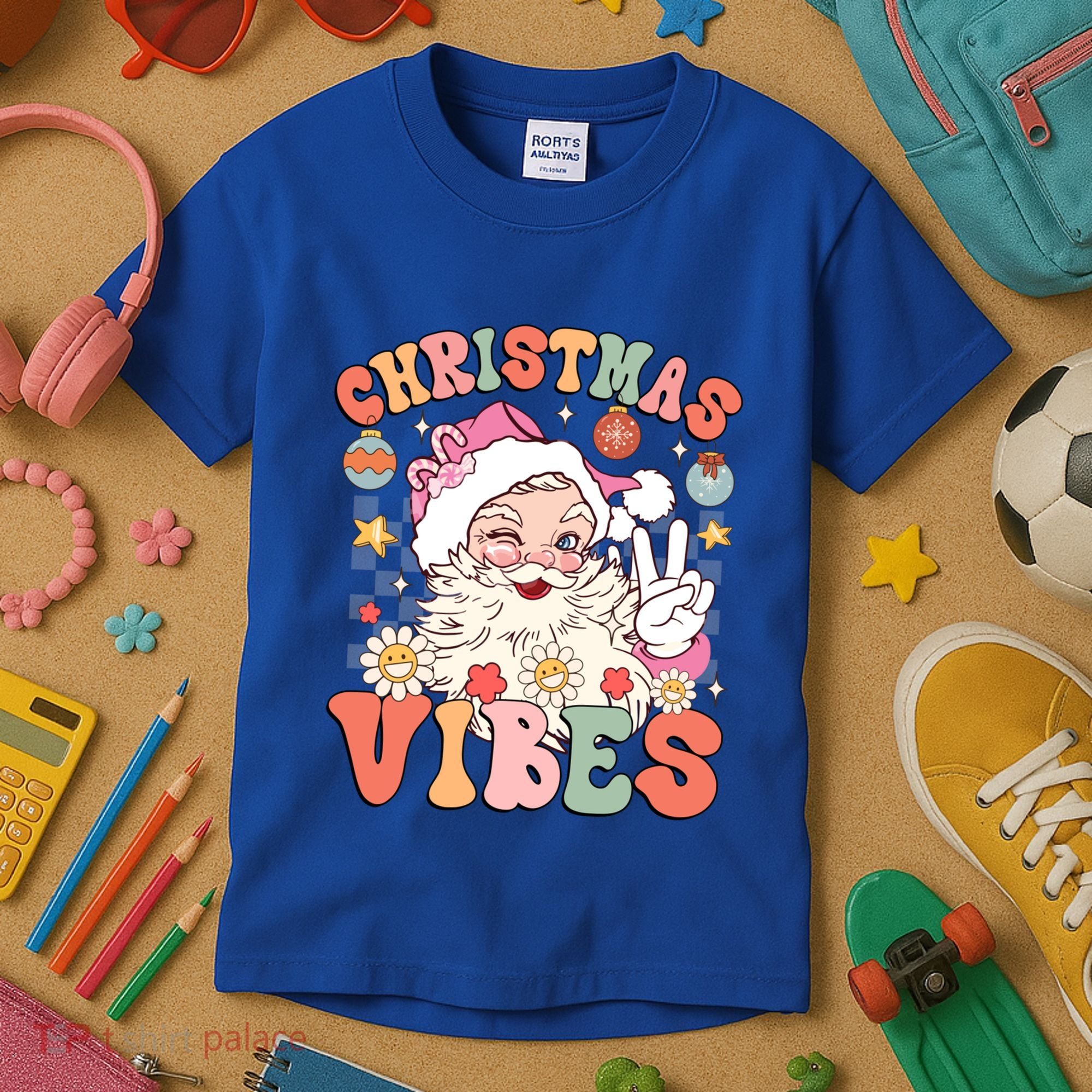Retro Groovy Santa Claus Christmas Vibes Gift Kids T-Shirt