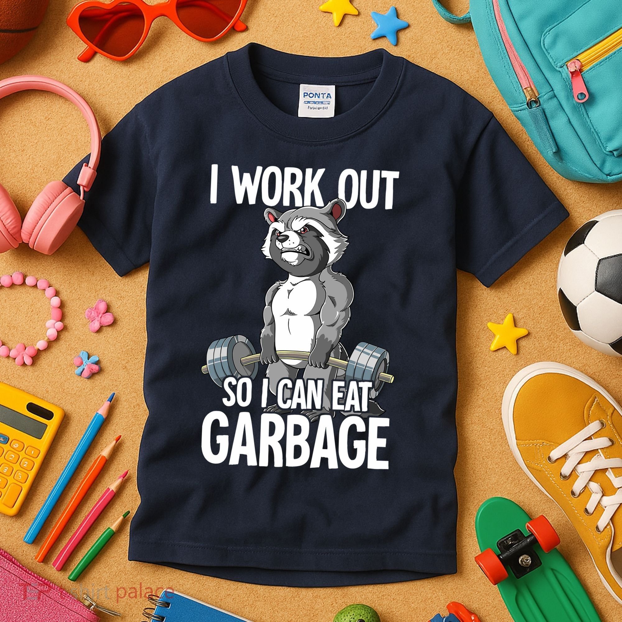 Raccoon Gym Weight Training I Work Out So I Can Eat Garbage Kids T-Shirt